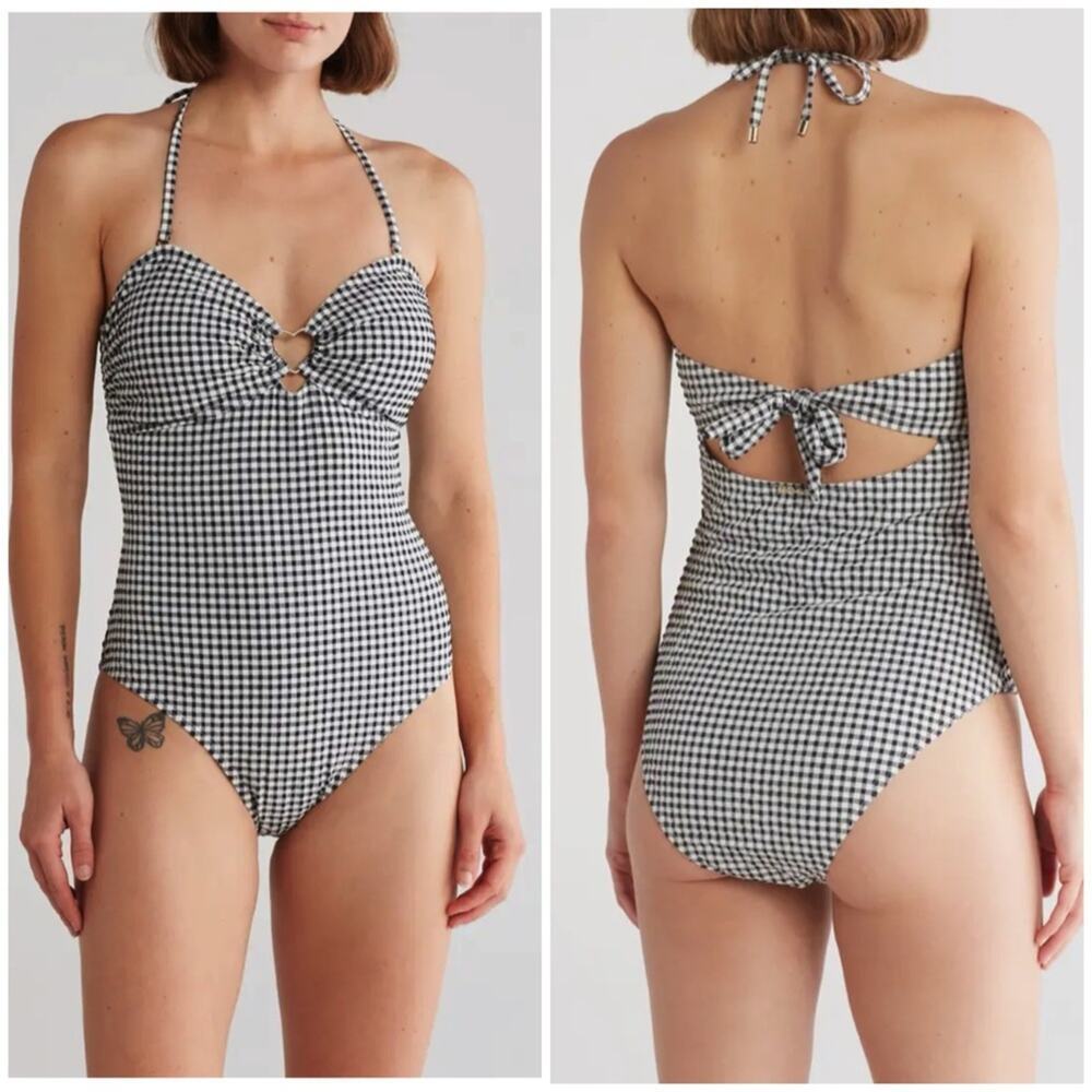 Betsey Johnson Halter One-Piece gingham Swimsuit Black medium NEW